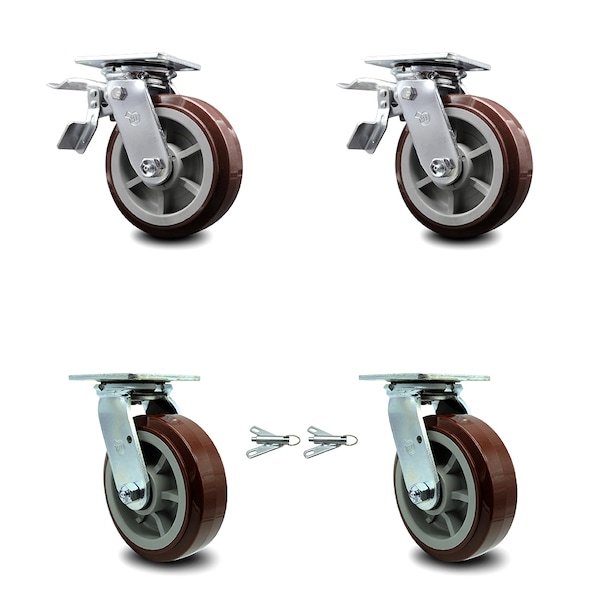 6 Inch Polyurethane Caster Set with Roller Bearings 2 Brakes 2 Swivel Locks SCC